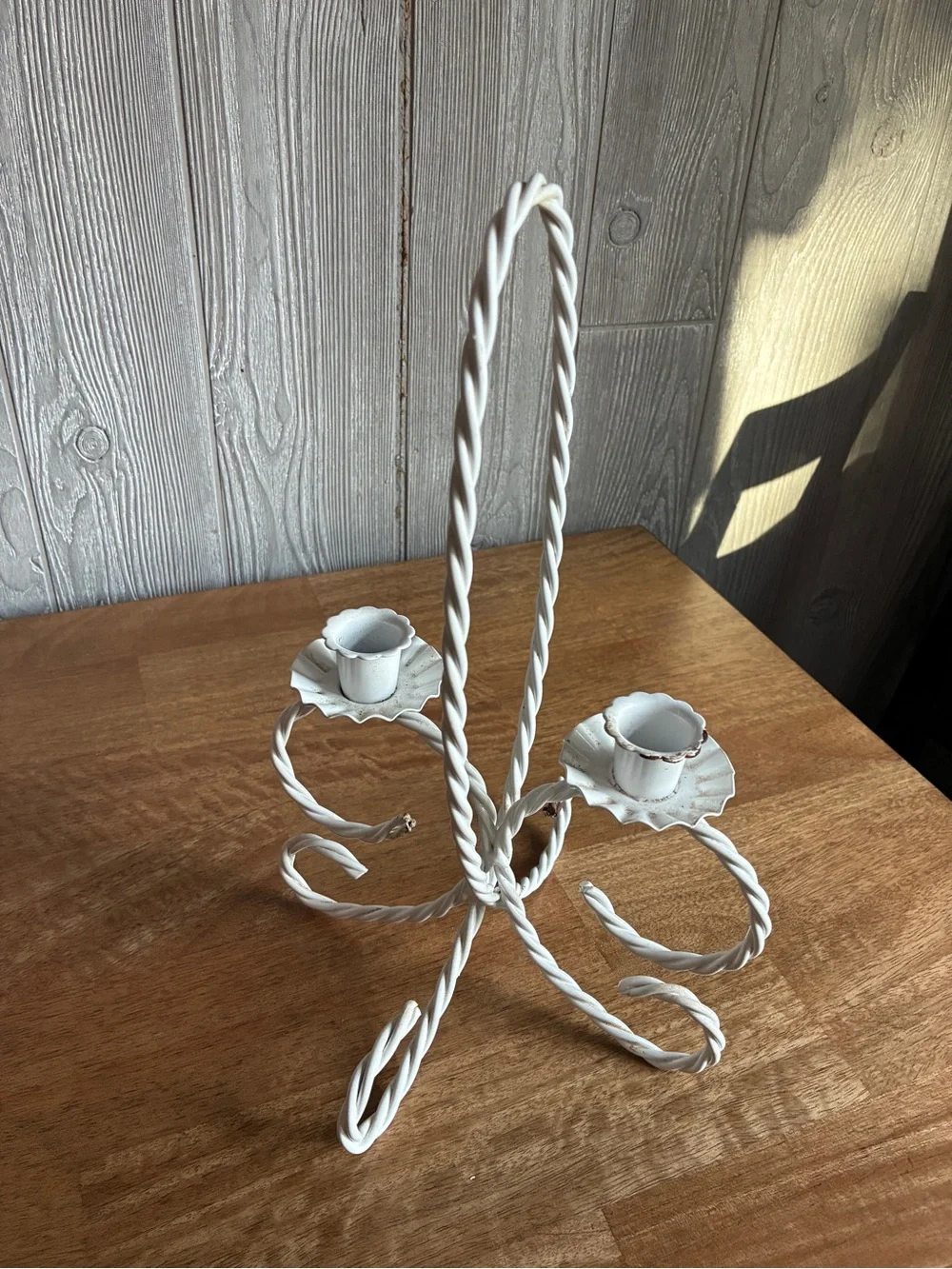 Vintage White Metal Twisted Rope Candle Holder